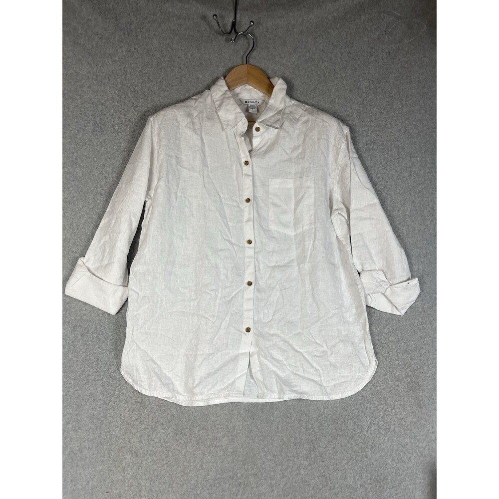 Athleta Retreat Linen Shirt Size L , Calla Lily White Shirt Button Blouse NWOT - Picture 2 of 7